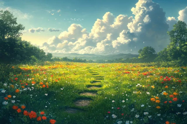 Grass footprints forming a carbon footprint symbol in a wildflower meadow with sunlight and clouds.