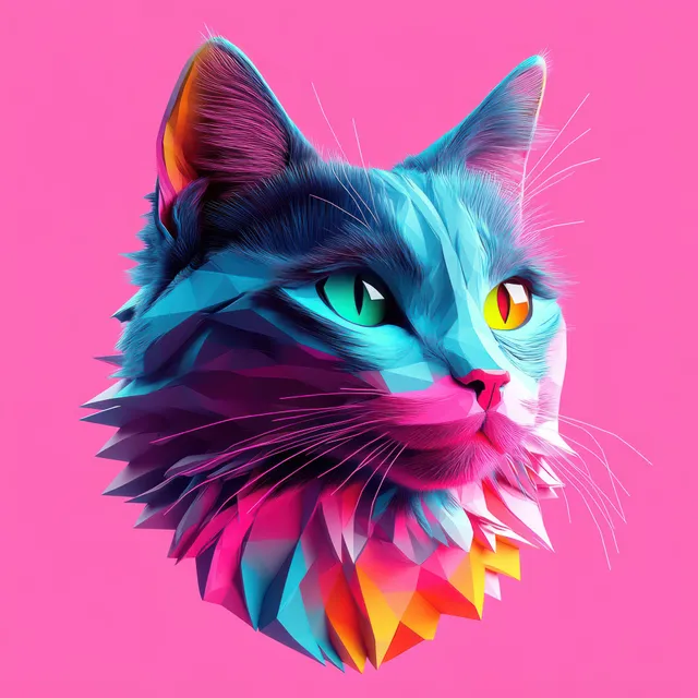 Angular low-poly cat head illustration with neon green eyes and rainbow facets on a bright pink background.