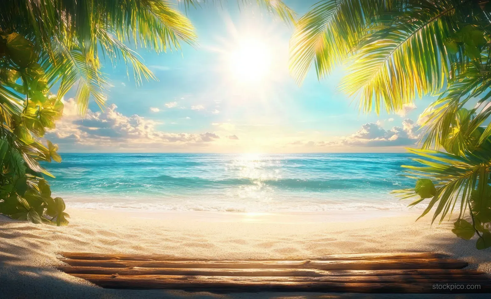 Palm leaves frame a sunlit tropical beach with calm blue ocean and a softly blurred horizon.