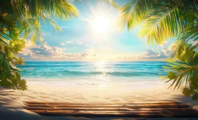 Sunlit tropical beach view framed by palm leaves and soft blurred ocean horizon
