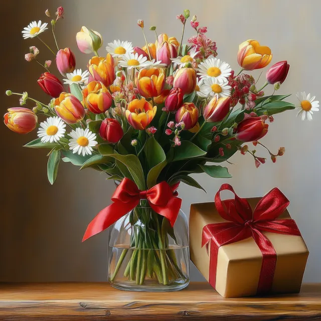 Red and yellow tulips with white daisies in a clear glass vase beside a red ribbon wrapped gift box.