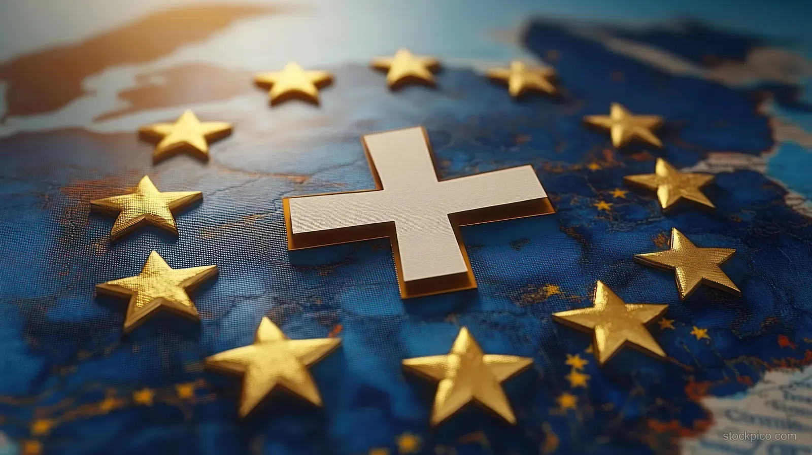 A cross voting icon and EU stars appear over a blue map of Europe background.