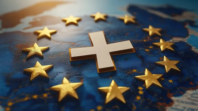 European election ballot icon over Europe map with EU stars and cross emblem