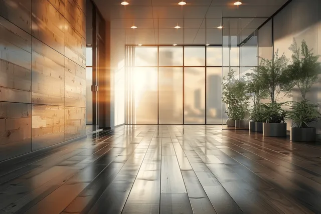 Spacious office lobby with panoramic windows, glass partitions, and warm wooden walls