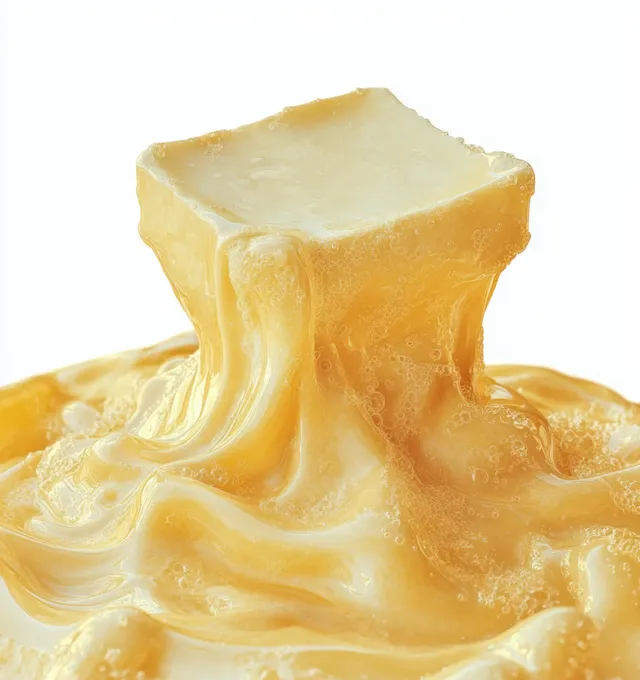 A butter cube melts into glossy creamy yellow ribbons and droplets on a white background.