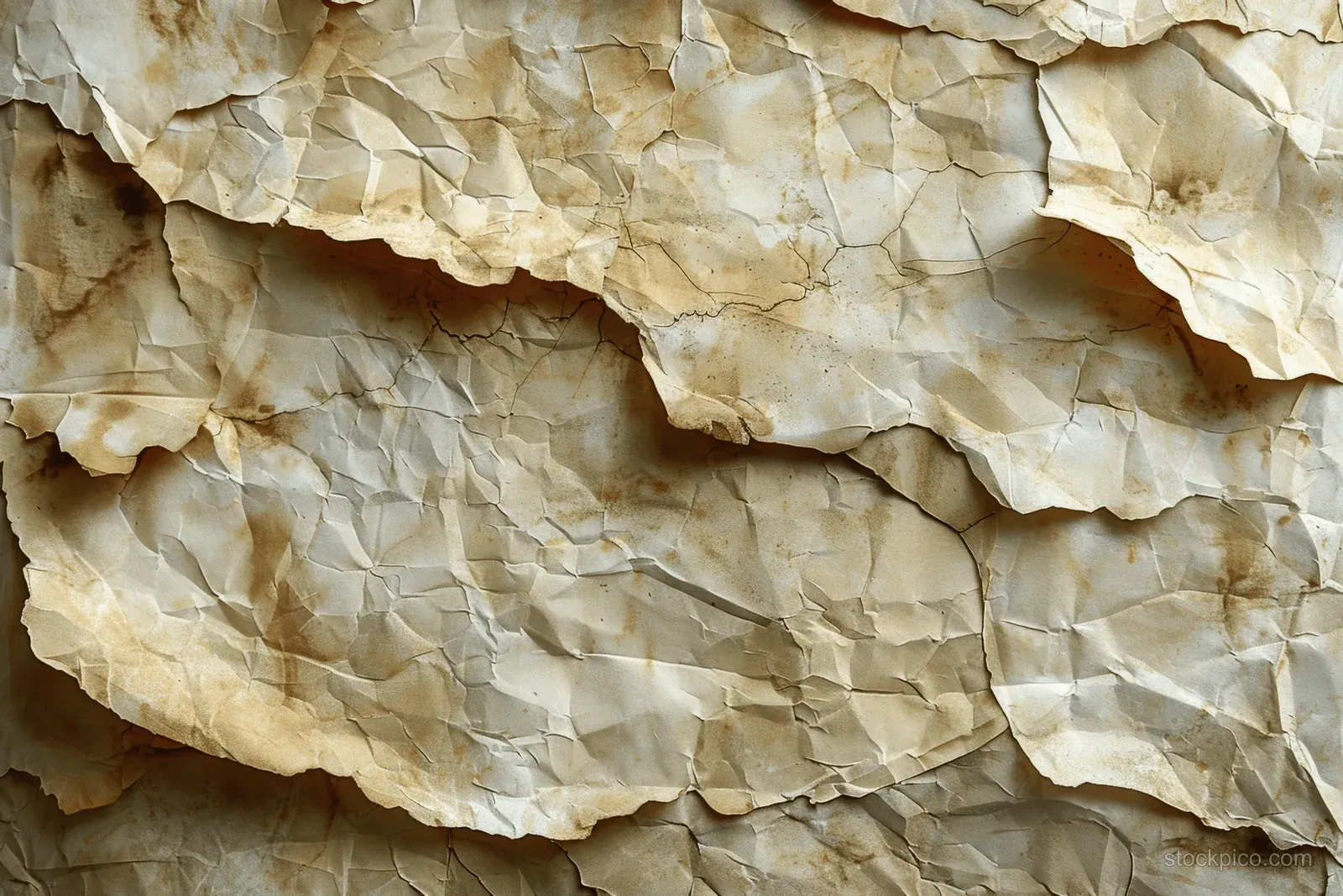 Beige cream paper layers peel from a wall, exposing wrinkled creases and weathered texture.
