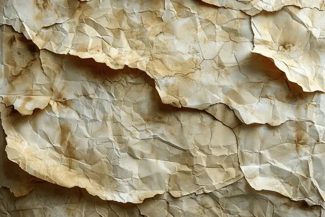 Weathered beige paper layers peel from a wall, showing rough creases and aged texture