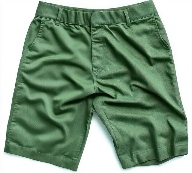 Green casual shorts laid flat on a white background, showing belt loops, pockets, and stitched seams.