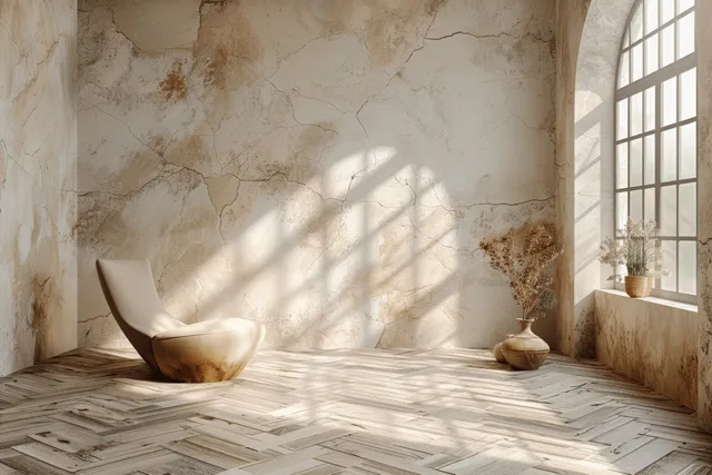 Minimal dining room corner with light herringbone floor, beige walls, and soft window sunlight shadows.
