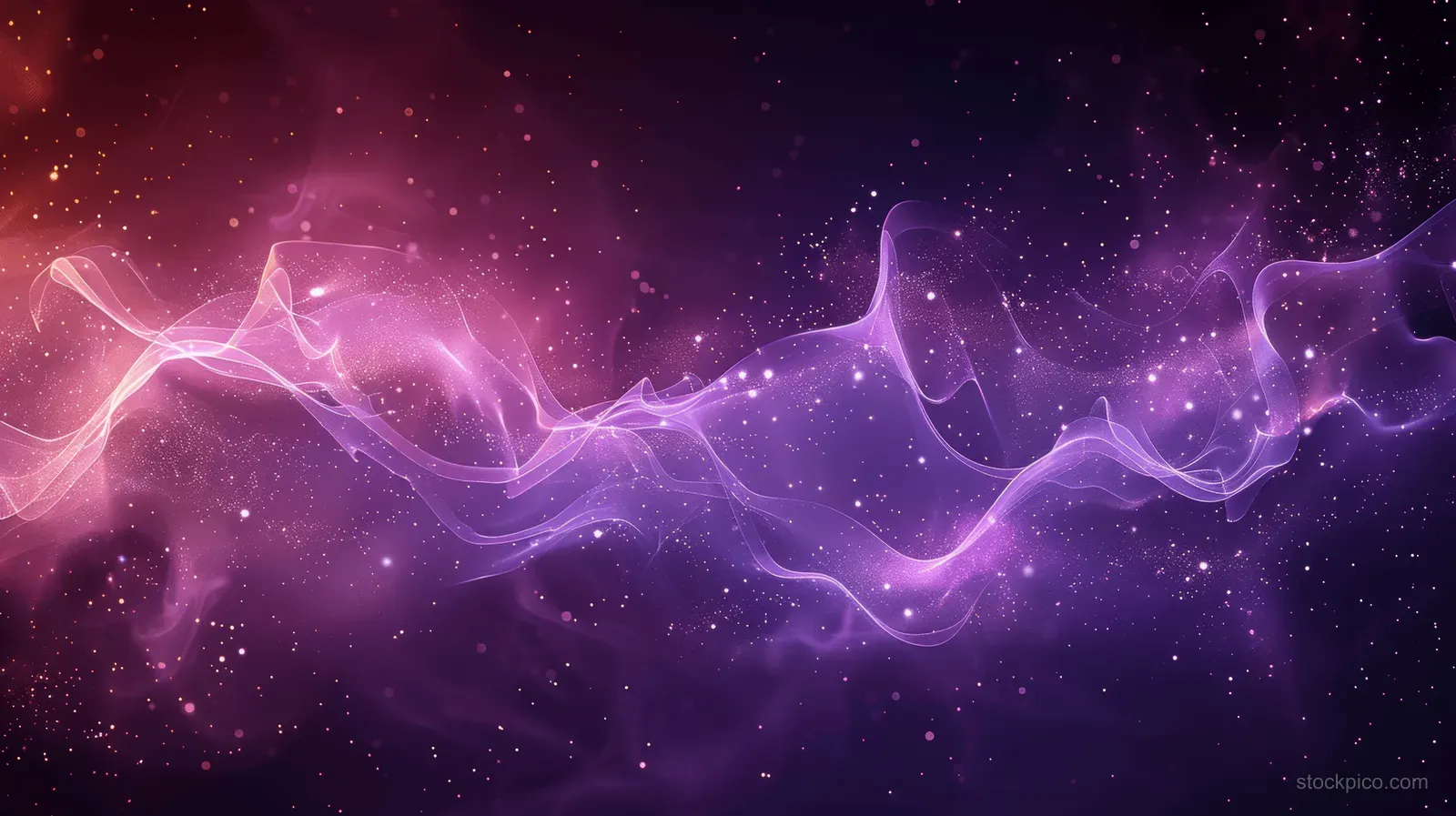 Purple glowing stars and electric light waves swirl through dark space with smoky violet haze.