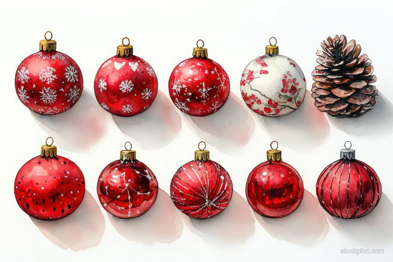Watercolor illustration of red and white Christmas baubles with gold caps arranged in rows on a light background.