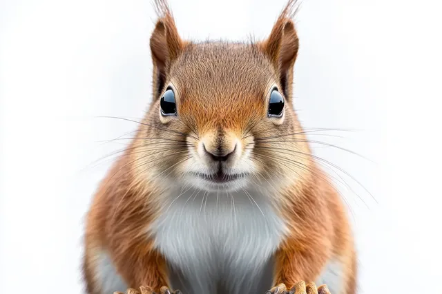 A brown squirrel stares at the camera with bright eyes and detailed fur against a white background.