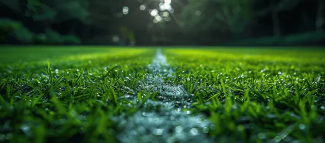 Green soccer field at night with white center line glowing against a dark cinematic stadium