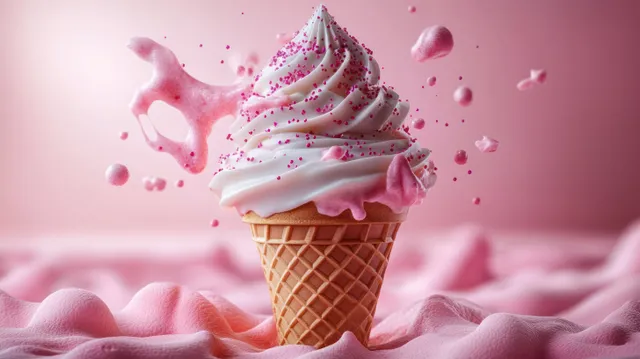 Pink soft serve ice cream cone with sprinkles and pink liquid splashes on a textured pink background.