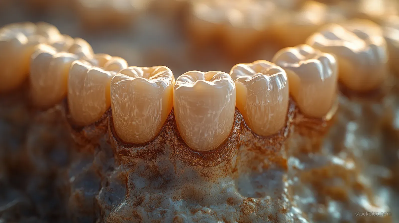 Glossy 3D view of a dental crown seated over a molar tooth with realistic enamel texture.