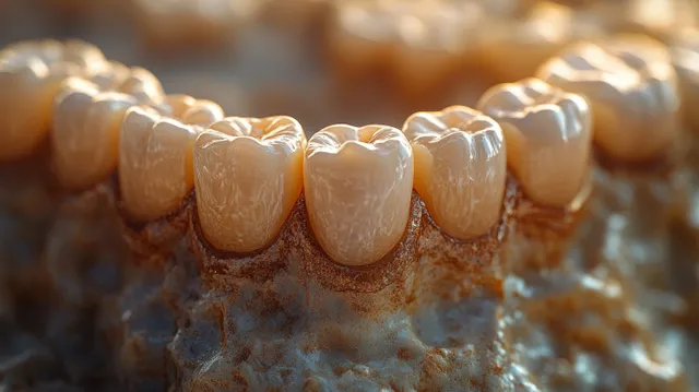 Glossy 3D view of a dental crown seated over a molar tooth with realistic enamel texture.