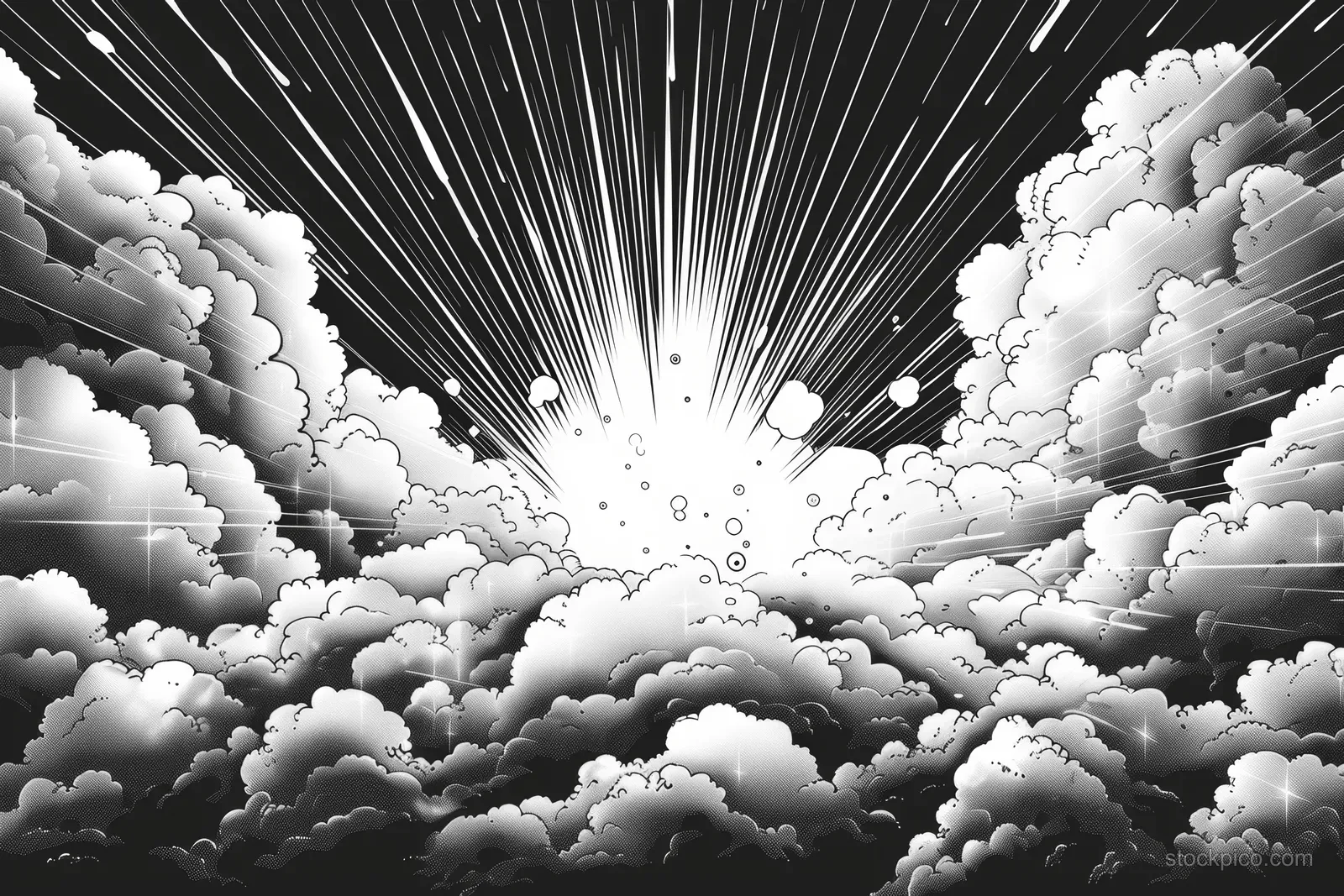 Comic speech bubble with halftone dots over a cloud explosion burst on a black-and-white background.
