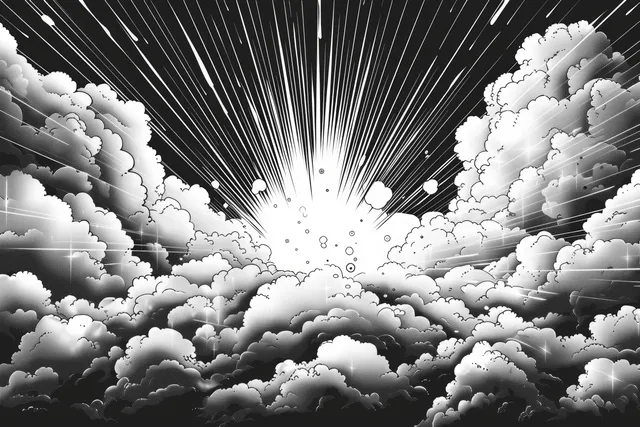 Comic speech bubble with halftone dots, burst explosion clouds, and black-white background