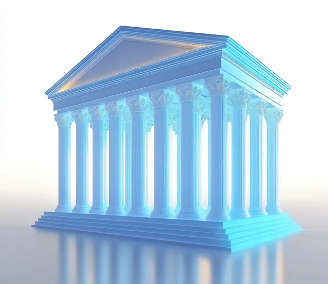Translucent blue classical temple columns rise from a reflective base, glowing as a banking icon under soft light.