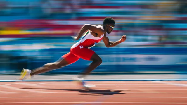 A Canadian sprinter leans into a 200m sprint on a red track with strong motion blur behind.