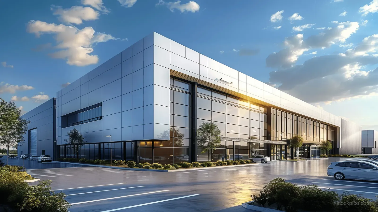 Modern warehouse and office building exterior with glass windows, landscaped green area, and parked cars under blue sky.
