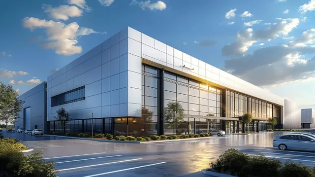 Modern warehouse and office building exterior with glass windows, landscaped green area, and parked cars under blue sky.