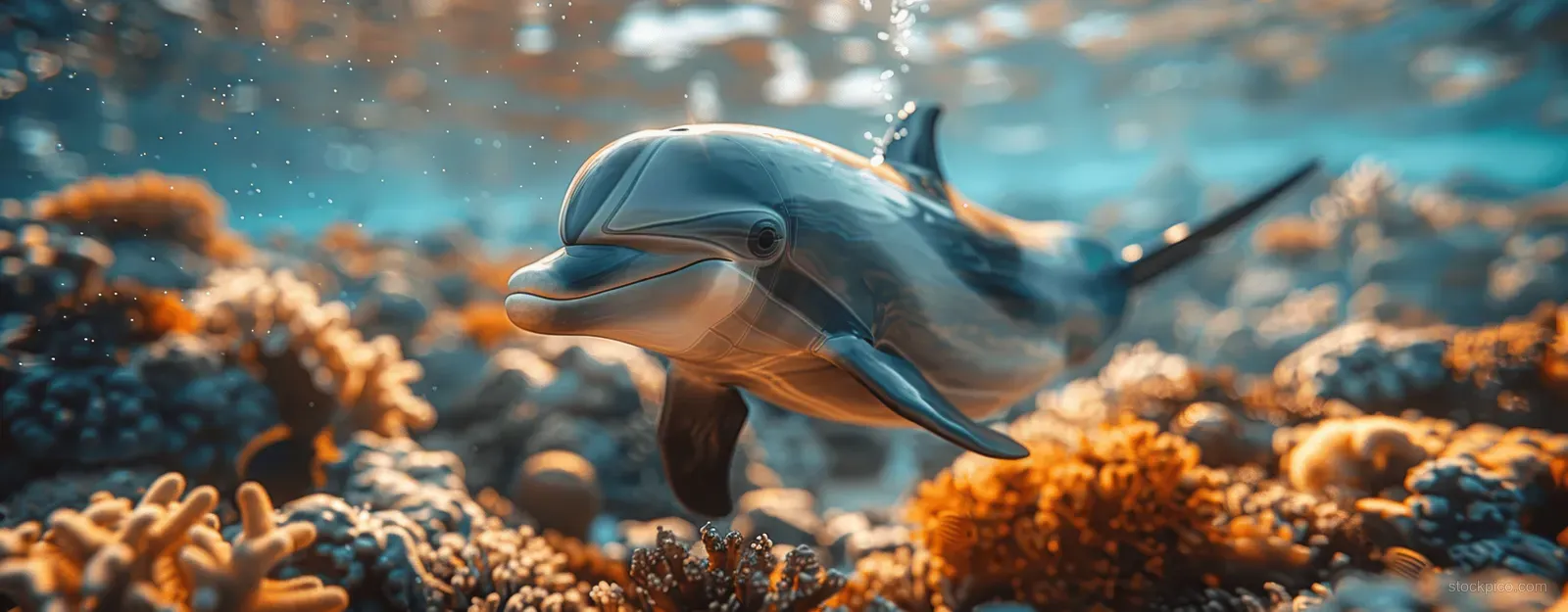 A dolphin swims over a coral reef underwater as sunbeams filter through the deep blue water.
