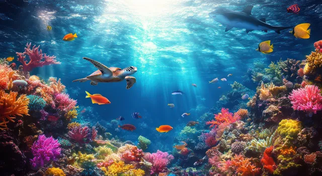 Coral reef underwater scene with tropical fish, turtle, and shark gliding through blue light