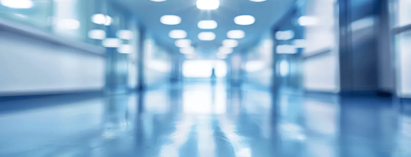Blurred blue office corridor hallway with soft lighting and bokeh reflections in the distance.