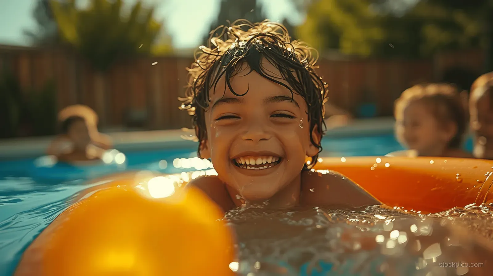 A smiling boy splashes in a sunny pool as friends swim behind him.