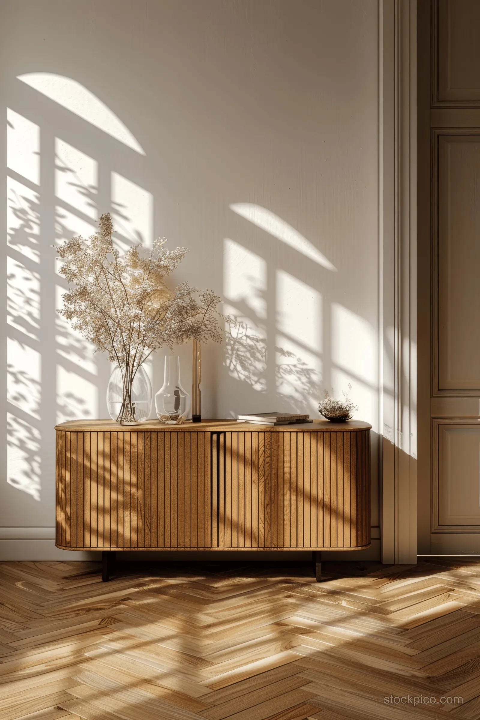 Rattan sideboard in a minimalist room with sunlight pouring through windows and casting shadows on parquet flooring.