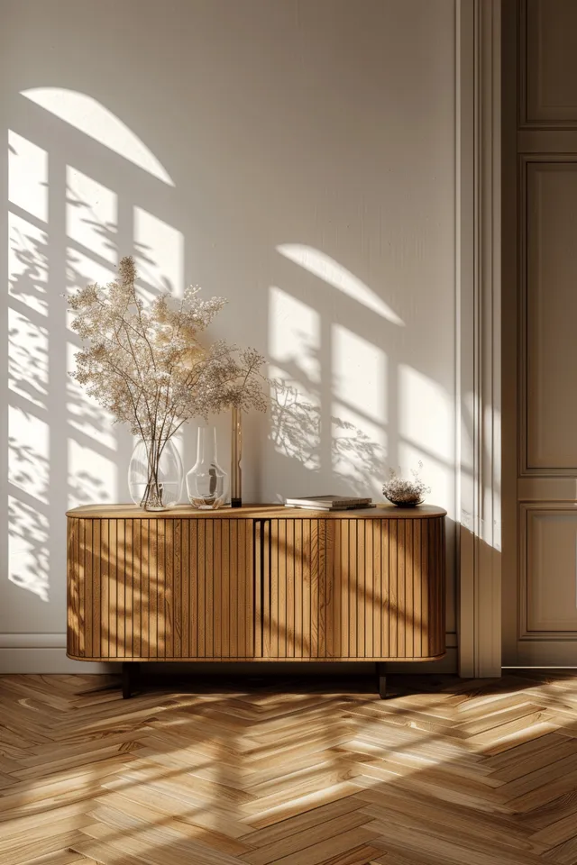 Rattan sideboard against warm wall with sunlight window shadows over parquet floor