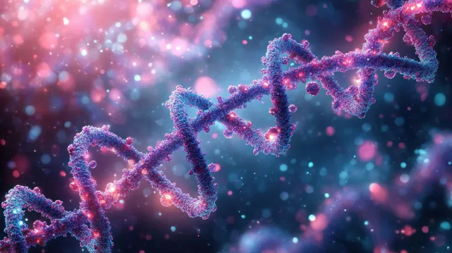 Glowing double-helix DNA strands surrounded by colorful particles in a dark, microscopic sci-fi background.