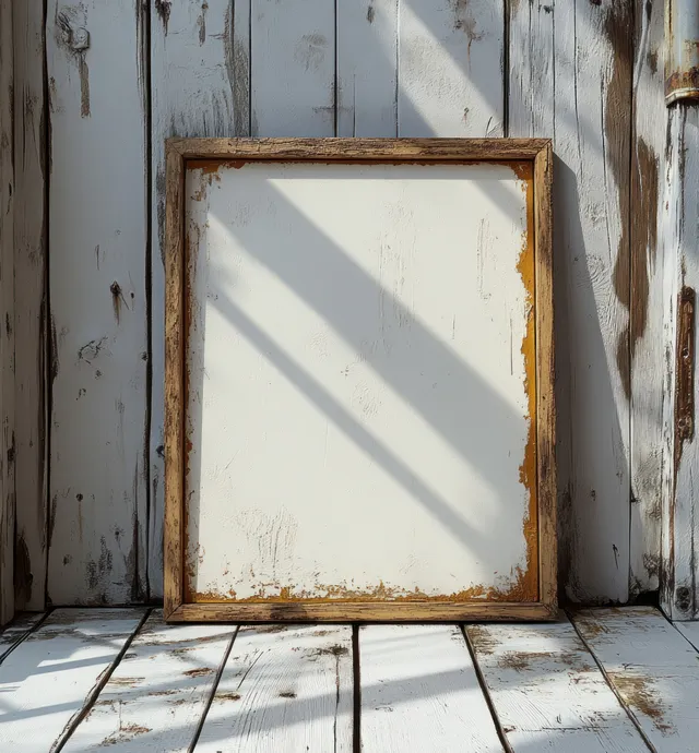 Blank white canvas in rustic wooden frame leaning indoors against soft daylight wall