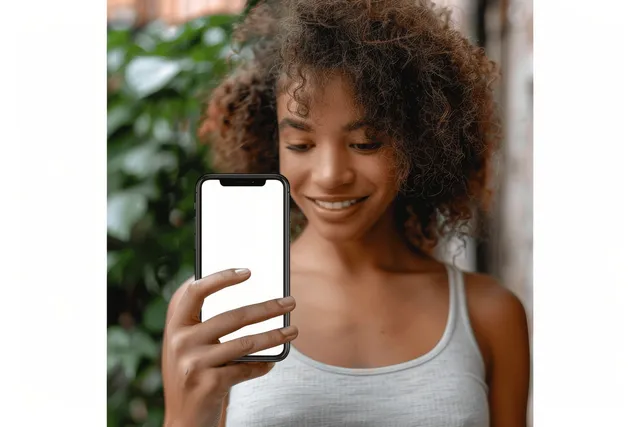 Curly-haired woman smiles while holding a smartphone on a sunny urban sidewalk with greenery