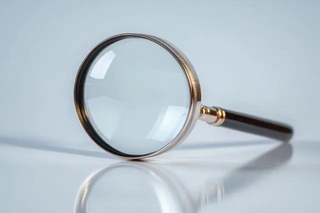 A handheld magnifying glass with metal rim and wooden handle lies on a smooth reflective surface, showing lens reflections.