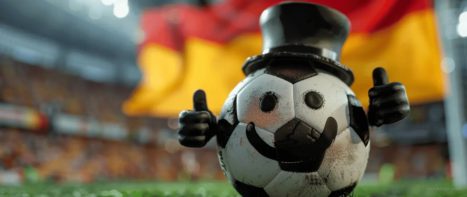 A top-hatted soccer ball mascot with a smiling face gives thumbs up against a blurred German flag stadium crowd.