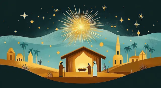 Nativity scene with a baby in a manger, two kneeling figures, and a glowing star over a small palm-lined village at night.