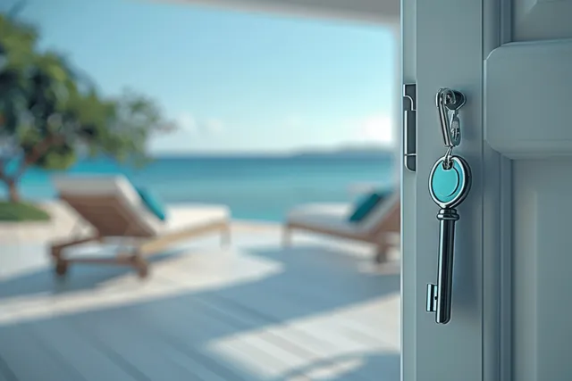 Open beach house entry door with a keyring, showing lounge chairs and a turquoise sea view outside.