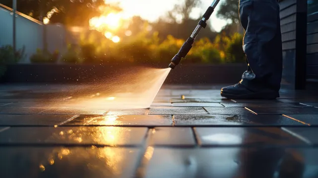 A man pressure-washes a wooden patio floor with a water jet during golden hour, leaving wet boards and spray mist.