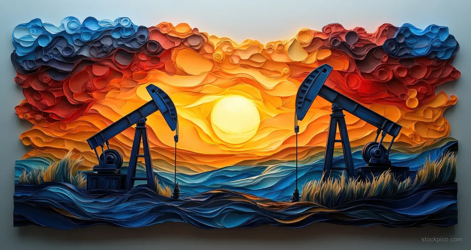 Oil pump jacks silhouetted against a sunset sky with swirling US flag shaped smoke clouds.