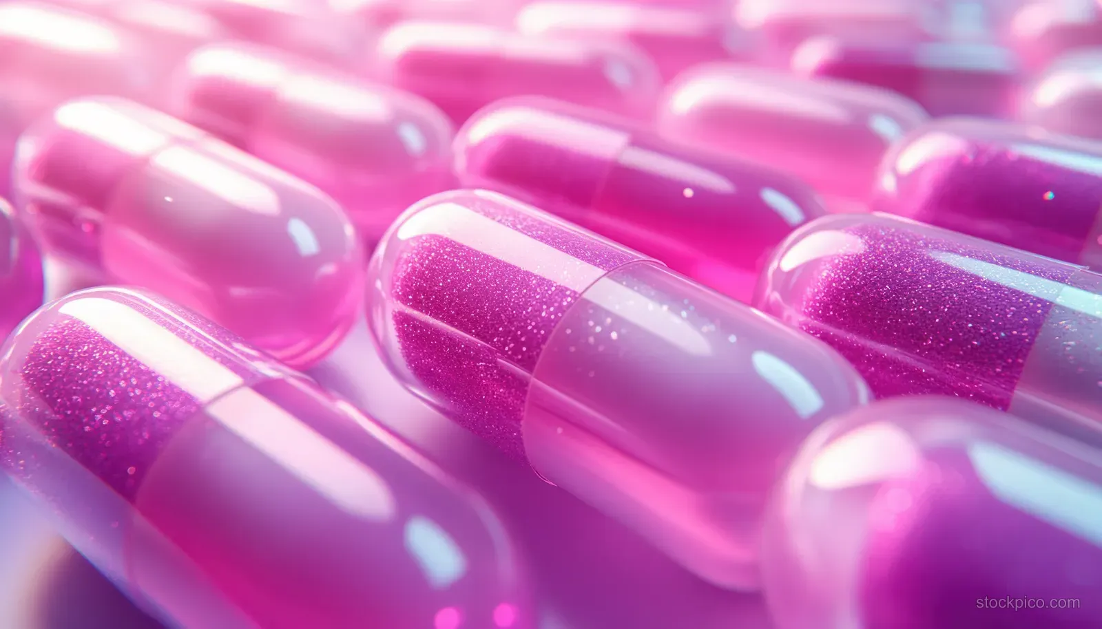 Glossy pink capsules with sparkling interiors float against a blurred medical lab background.