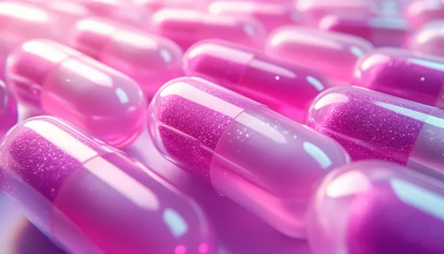 Glossy pink capsules with sparkling interiors float against a blurred medical lab background.