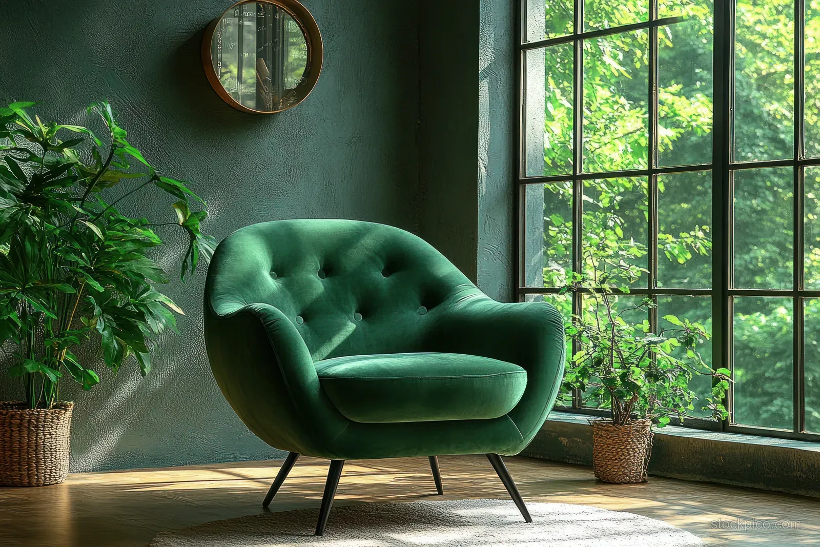 Green velvet armchair near large windows with potted plants and morning sunlight casting soft shadows.