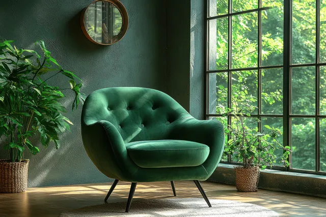 Green velvet armchair near large windows with potted plants and morning sunlight casting soft shadows.