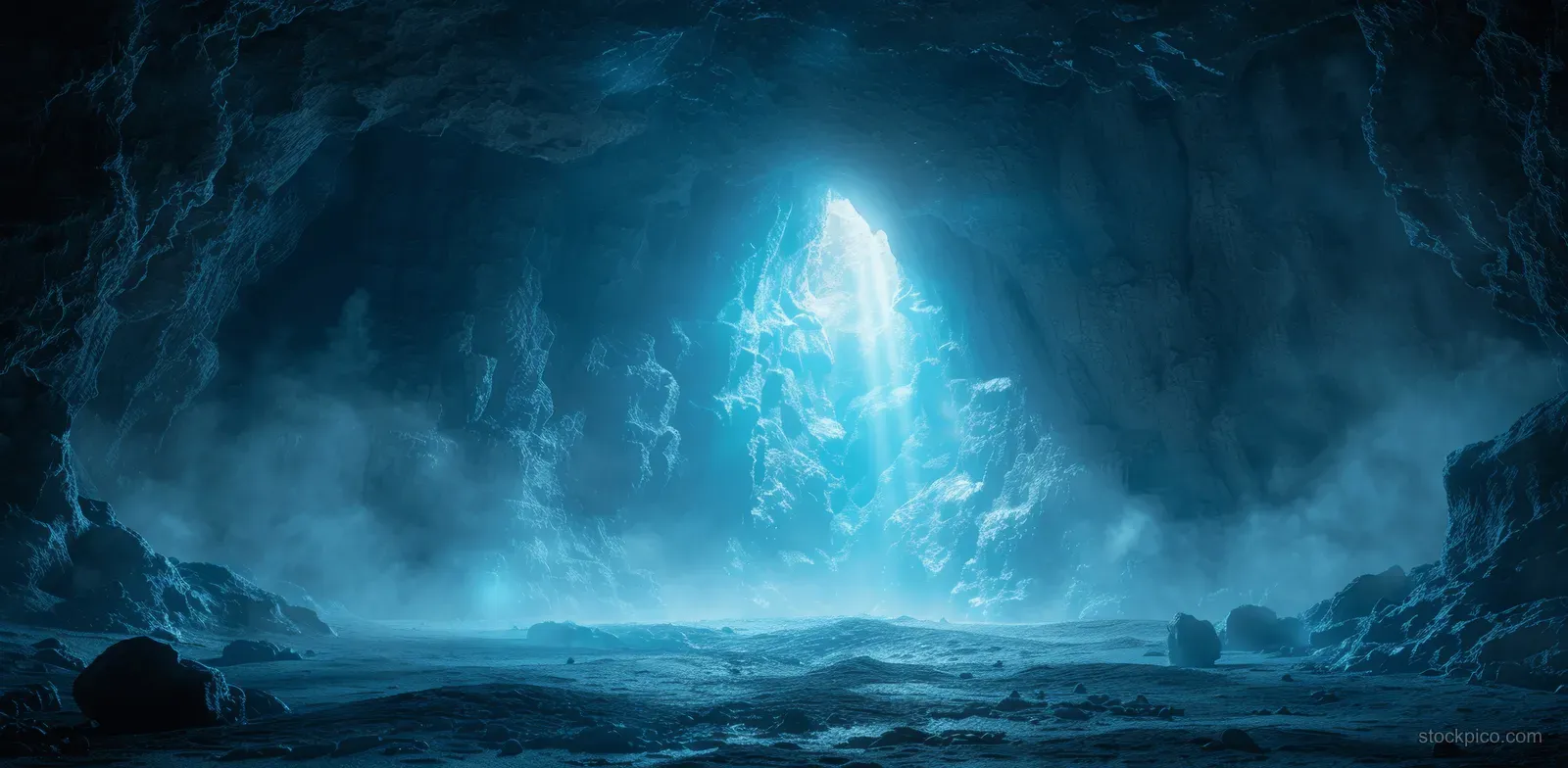 Blue mist fills a dark cave with a bright glowing opening.