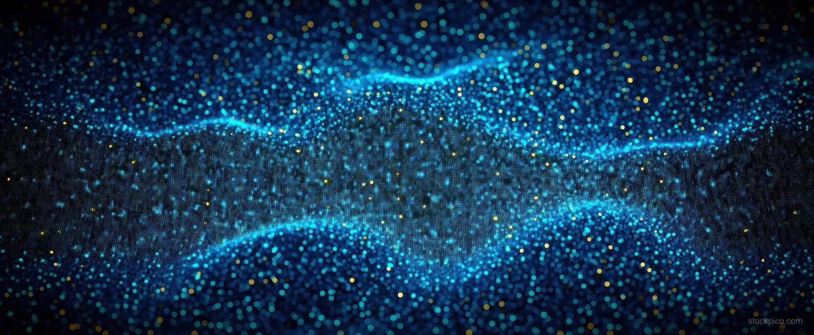 Blue and gold particles swirl into flowing digital waveforms on a dark background.