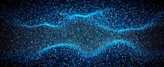 Glowing blue digital waves formed by drifting particles across a dark tech background