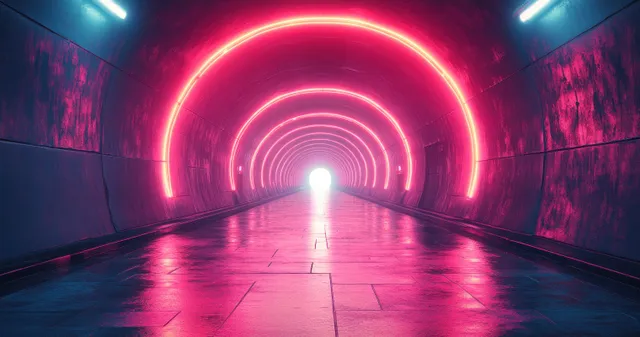 A cyberpunk tunnel features pink neon rings and concentric light lines leading to a bright white core on the reflective floor.