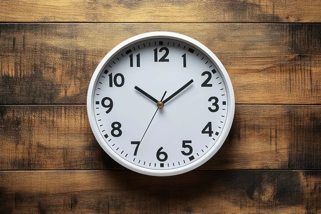 A white analog wall clock showing about 10:09 mounted against a rustic wooden background.